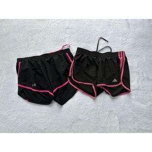 Under Armour & Adidas workout Shorts Set, Sizes L & M, Black w/ Pink, Lined